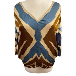 Women's Soft Surroundings Blue Brown Geometric Print Blouse Size M